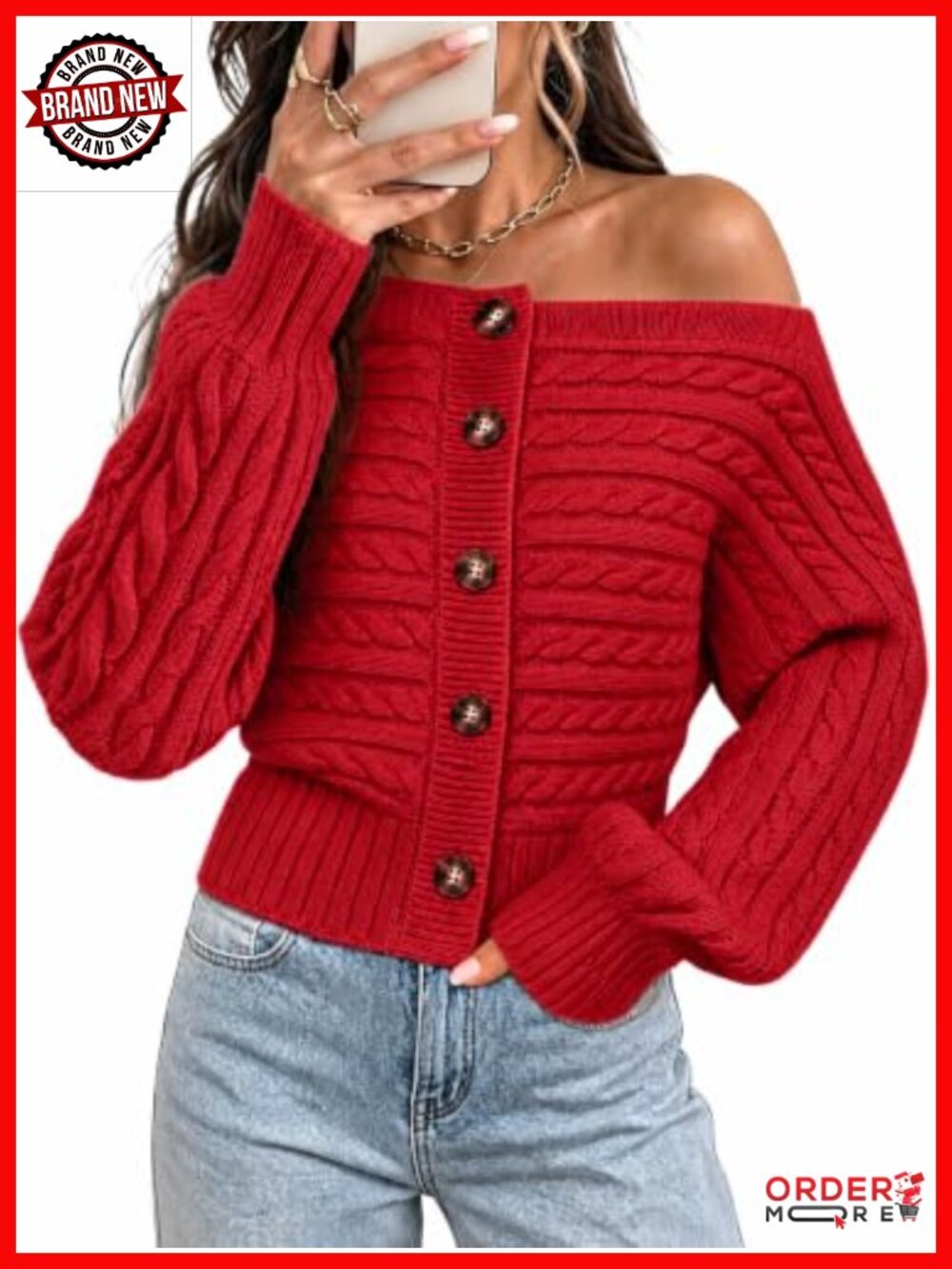 Off Shoulder Cable Knit Cardigan Button Sweater Long Sleeve